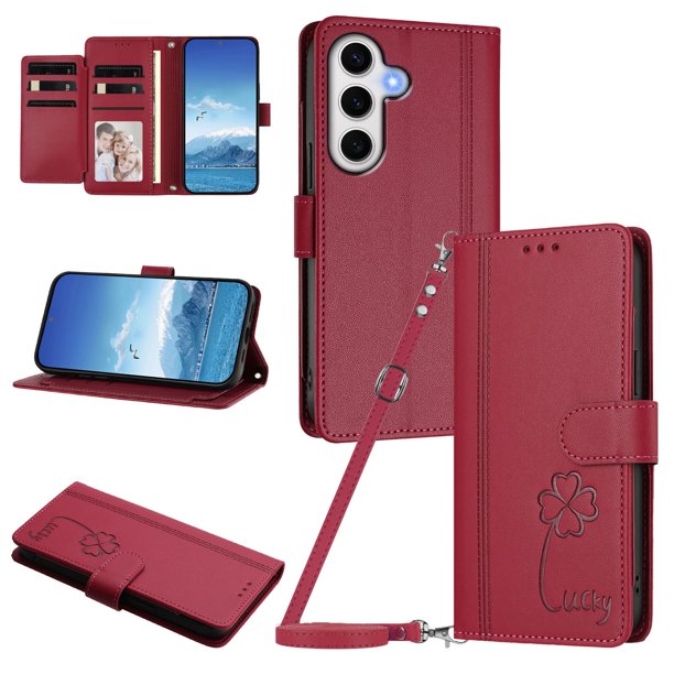 Funda Cartera Trébol para Samsung Galaxy S24 FE con Ranuras Tarjetas y Carga Inalámbrica Rojo