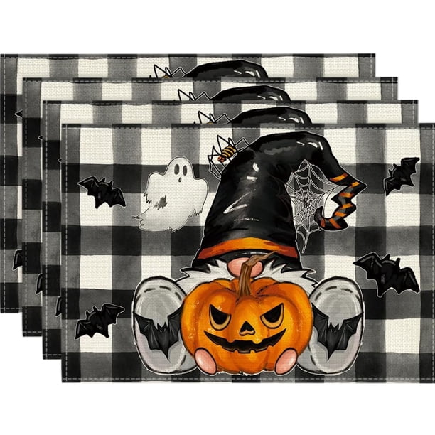 4pcs, Linen Placemats, Skulls Day Of The Dead Placemats , Silhouette Halloween Fall Table Mats, For Party Kitchen Dining Decoration, Halloween Decor, Halloween Theme Placemat
