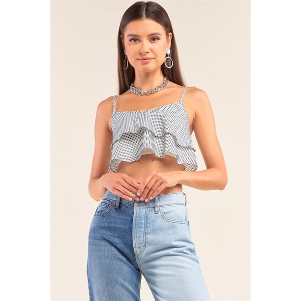 Top Corto con Espalda Al Aire, Capas Cuadradas de Lunares, sin Mangas, Blanco y Azul Marino, Talla L