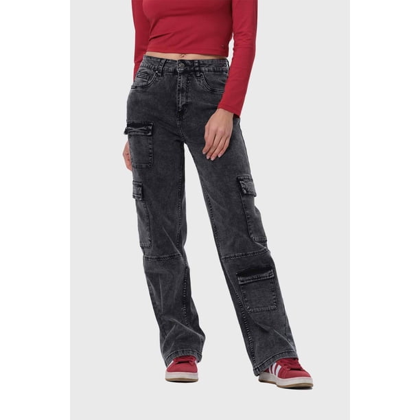 Jeans Mujer Cargo Calce Recto Negro - V
