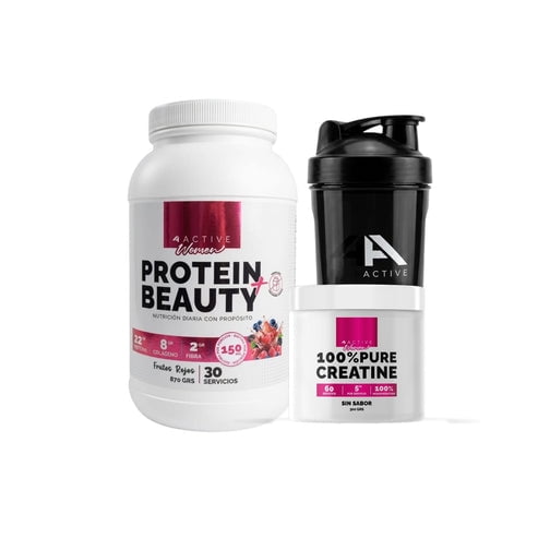 Pack Proteina Beauty Frutos Rojos 870Gr+ Creatina 300Gr Sin Sabor + Shaker -4Active