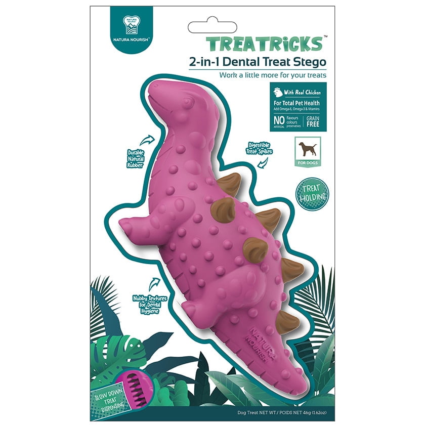 Dispensador Snacks Perro Dinosaurio Fucsia Con Dental Spikes