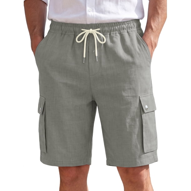INSPIRE CHIC Pantalones Cortos de Lino para Hombre de Verano con Cintura de Cordón, Ajuste Relajado, Bolsillos de Carga, Playa, Talla S, Gris Oscuro