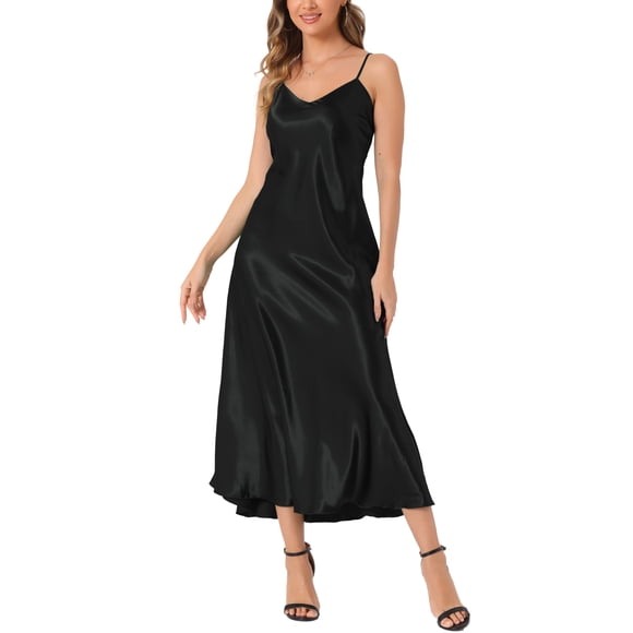 Vestido de satén con tirantes finos y escote en V elegante maxi para mujer CURVOSPORT L Negro