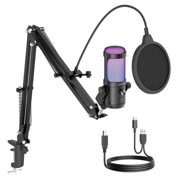 Micrófono para podcasts JARO J100-CB USB con brazo auxiliar y RGB (negro)