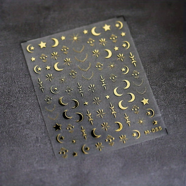 Holographic Bronzing Silver Star Moon Pattern Nail Art Stickers - 5D Engraved Self-Adhesive Decals for Women and Men - Resin Nail Charms for Manicure Decorations