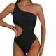 thumbnail image 1 of Traje de baño de una pieza con corte negro para mujer, traje de baño de un solo hombro, monokini acanalado., 1 of 7