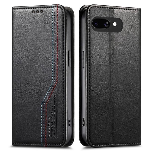 Funda tipo cartera para Google Pixel 9A de piel con cierre magnético, ranuras para tarjetas y correa para la muñeca Negro