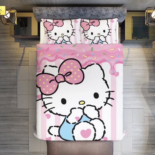 Cute Hello Kitty 3 Pieces Duvet Cover Set Full Size Super Soft Fade Resistant Microfiber