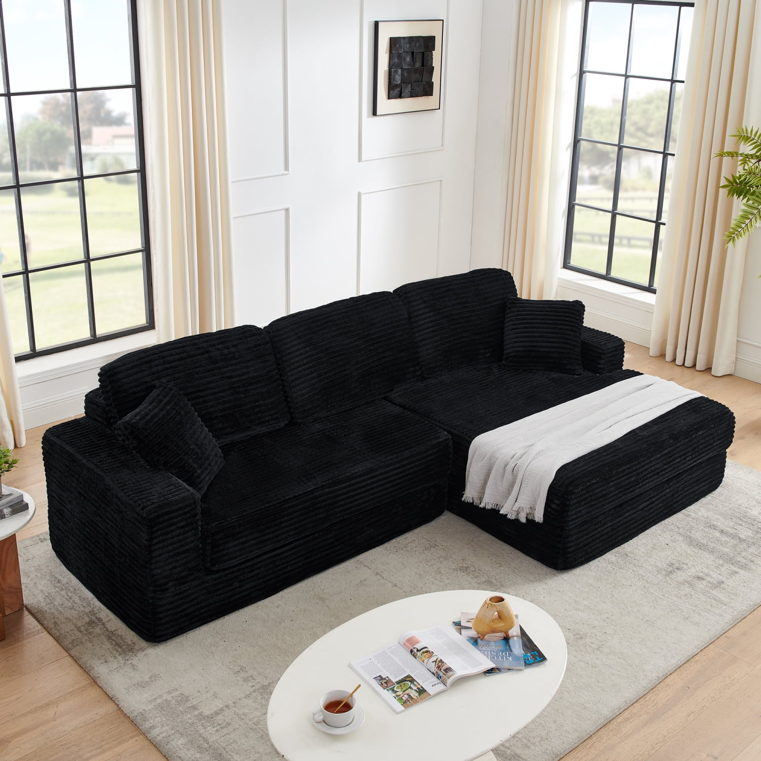 M&ms - Right Sofa Seat,l Shape Modular Sectional Sofa, Compressed Sectional Sofa Modern Minimalist Style Corduroy Couch,unfold Into A Bed, Bedroom, Comfy Compressed Sofa Couch Space-efficient Design-black