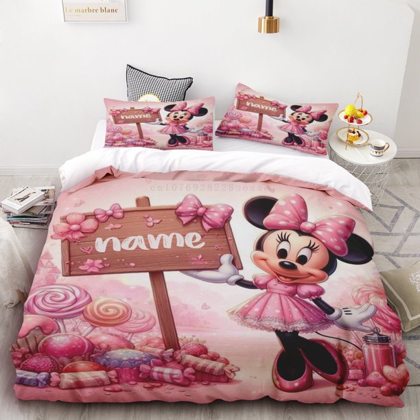 Customizable Minnie Duvet Cover with Pillowcases Cartoon Personalized Name Bedding Set Bedroom Decor for Girls GiftBed Sheets