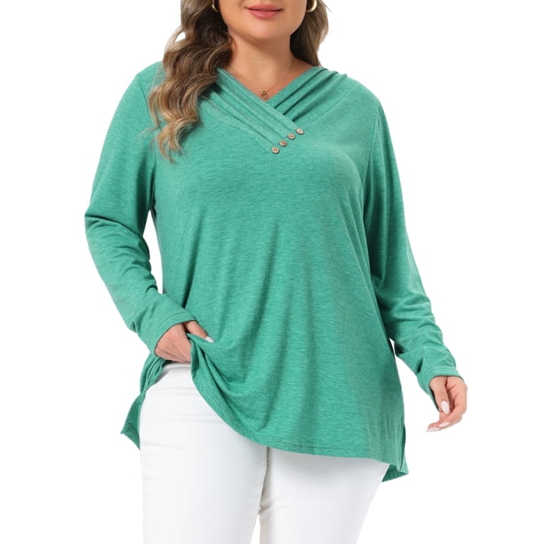 Agnes Orinda Tallas Grandes Ropa de Halloween Blusas para Mujeres Camisetas de Manga Larga con Cuello en V Botón Otoño Jersey Camisa Suelta Blusa 1X Verde