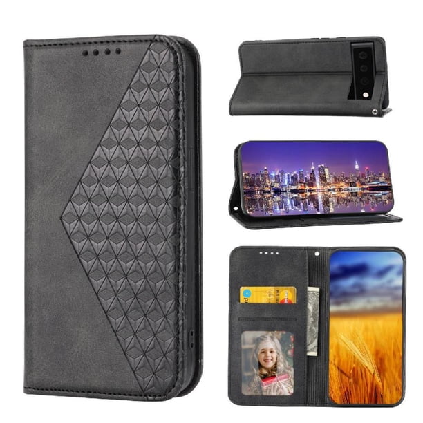 Funda Flip FOXDOCK para Google Pixel 6 Pro , Estilo Billetera con Diseño Rombo, Correa de Mano y Soporte, Uso Diario