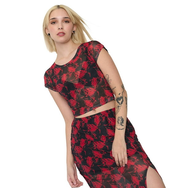Polera Mujer Malla Manga Corta Rojo Corona