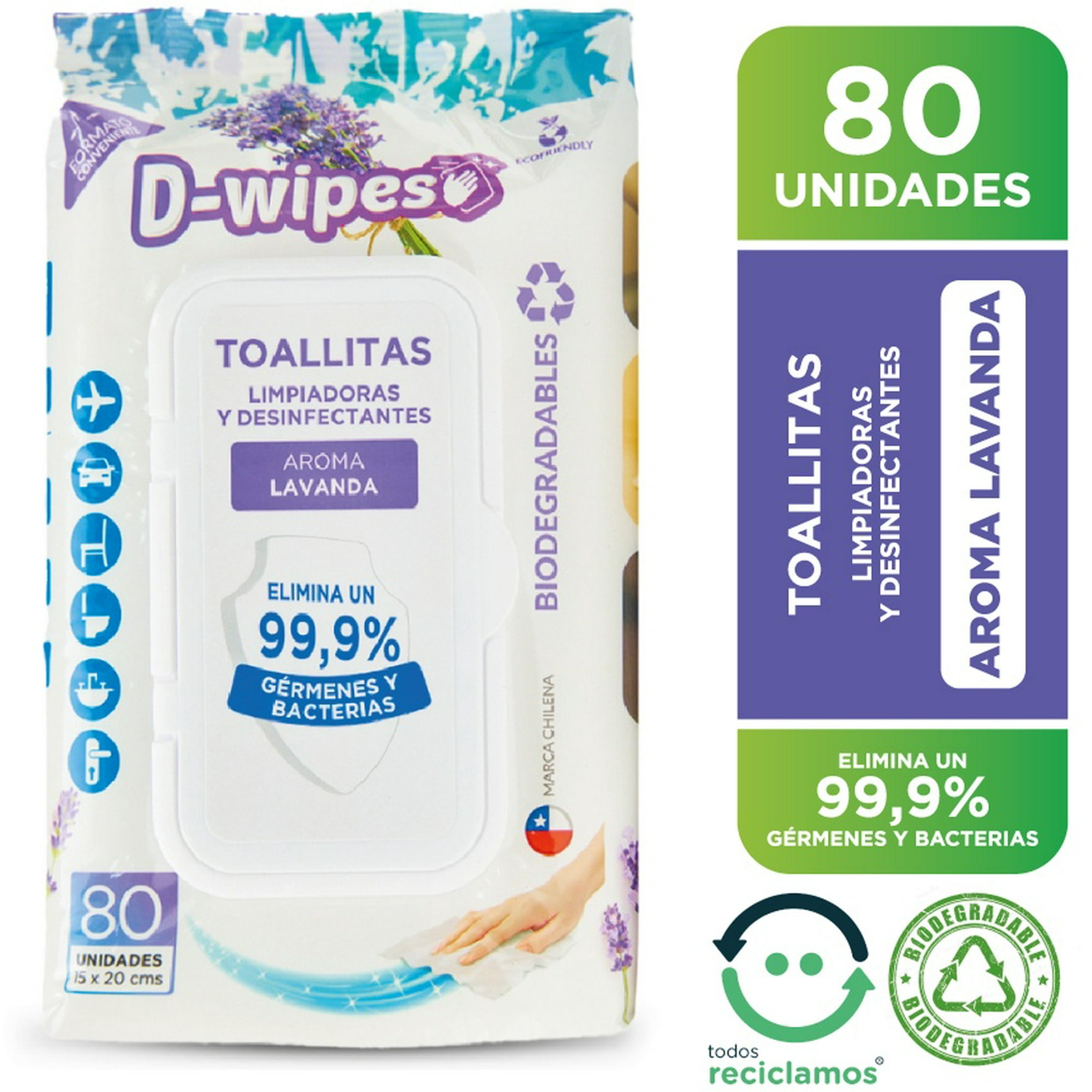 Toallas Desinfectantes D-wipes Lavanda Biodegradable 80 Un