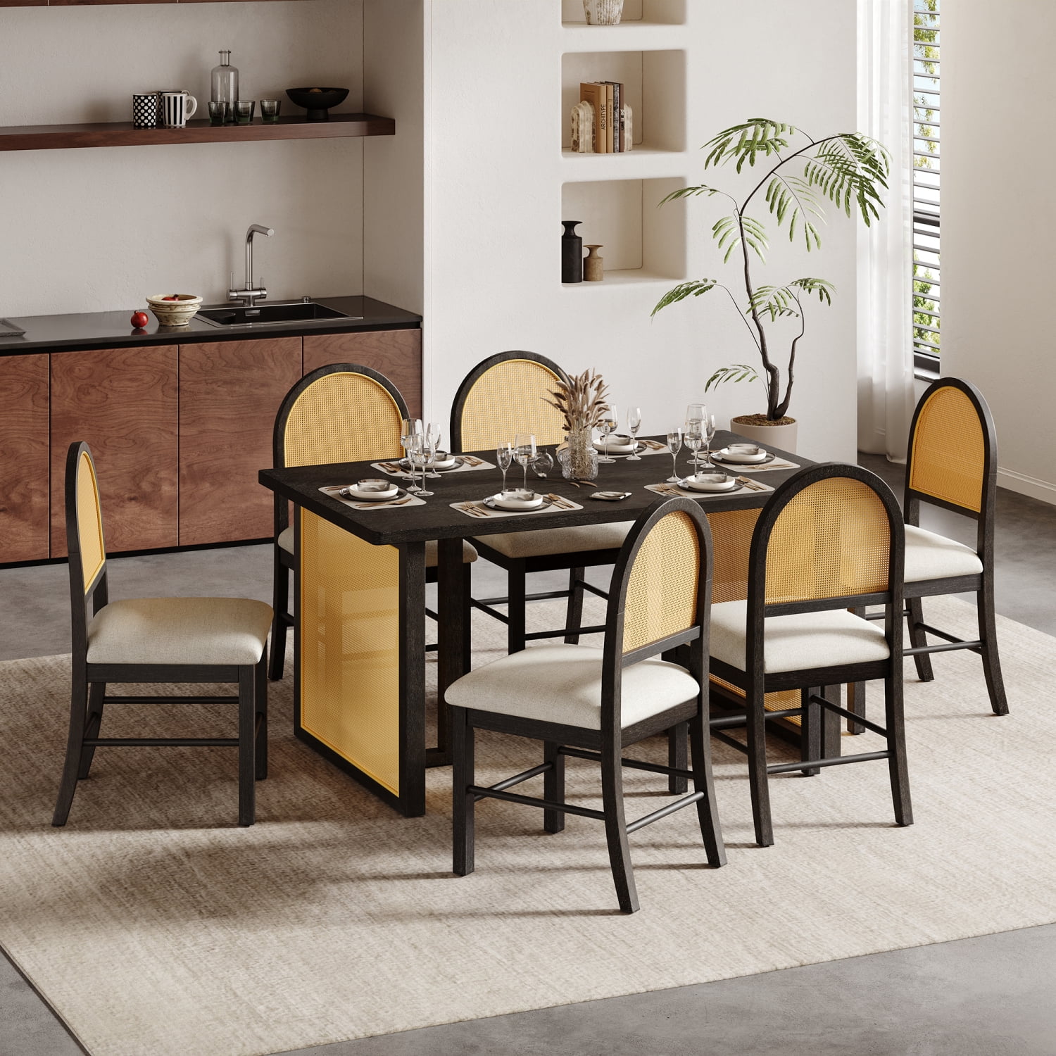 TREXM 7-Piece Farmhouse Dining Table Set for 6 - 59.8" Rectangular ...