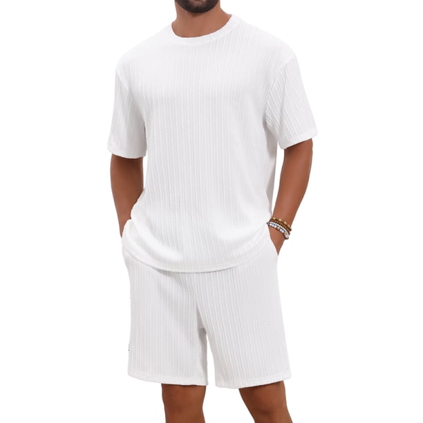 INSPIRE CHIC Estilo Conjunto de Camiseta de Textura Casual para Hombre con Cuello Redondo y Pantalones Cortos 2 Piezas 4XL Blanco