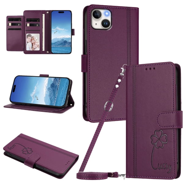 Funda Cartera Trébol para iPhone 15 Plus con Ranuras Tarjetas y Carga Inalámbrica Violeta