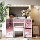 thumbnail image 2 of Makeup Vanity with 15 Hollywood Bulbs, 3Color Lighting Modes Adjustable Brightness, Dressing Table with Visual Glass Top and 11 Pink Finish Drawers, Vanity Desk Set with Cushioned Stool, Pink, 2 of 3