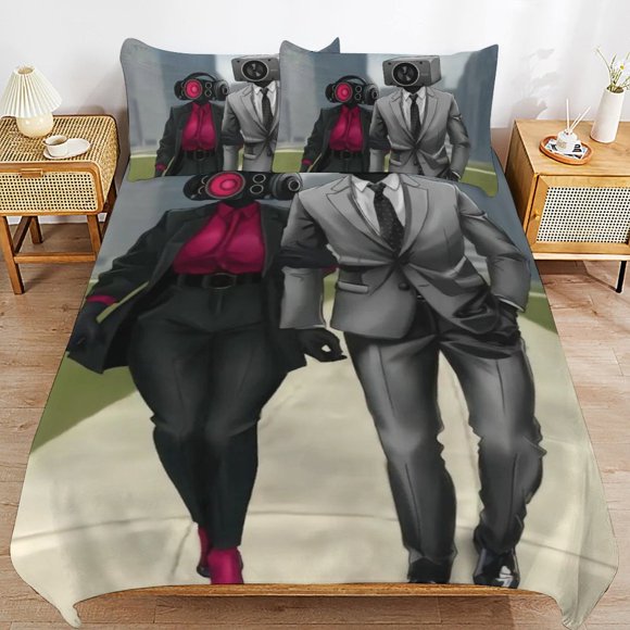 Skibidi Toilet Bedding Set Duvet Cover Comfortable and Lightweight Cartoon Bedding 3 Piece Bed Set