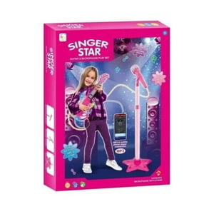 Genérico - Set Guitarra Microfono Pedestal Juguete Mp3 Luces Rosada