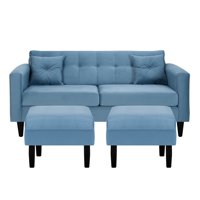 Bodevir - Sofa New Retro 3C + 2 Pouf Felpa 00 Azul Petroleo