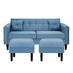Bodevir - Sofa New Retro 3C + 2 Pouf Felpa 00 Azul Petroleo