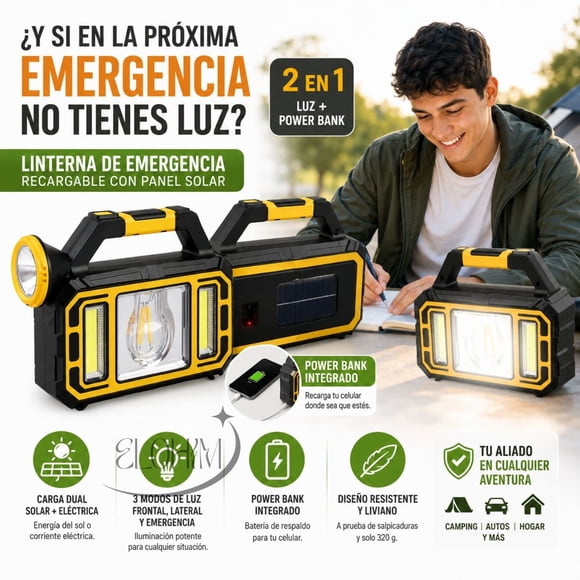 Linterna de Emergencia Solar Recargable 2 en 1 - Power Bank - Luz LED de Alta Potencia para Apagones