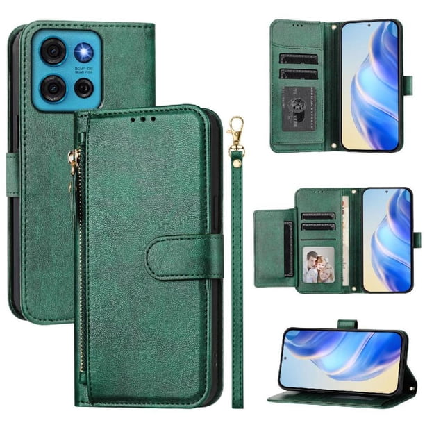 Funda Billetera Cremallera para Motorola MOTO G75 con Porta Tarjetas, Soporte y Correa Verde