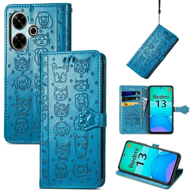 Funda Cartera FOXDOCK para Xiaomi Redmi 13 4G , Flip PU con Relieve de Gatos y Perros, Tarjetero y Soporte