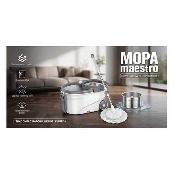 Mopa MOP Giratoria 360 Pro con Ruedas y Centrifugado de Acero Inoxidable - Gris/Blanco