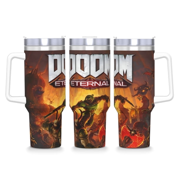 Doom Eternal Vaso aislado de acero inoxidable con asa, diseño temático, regalo para familia, amigos y fans; incluye pajita y encaja en el portavasos estándar, 40 oz