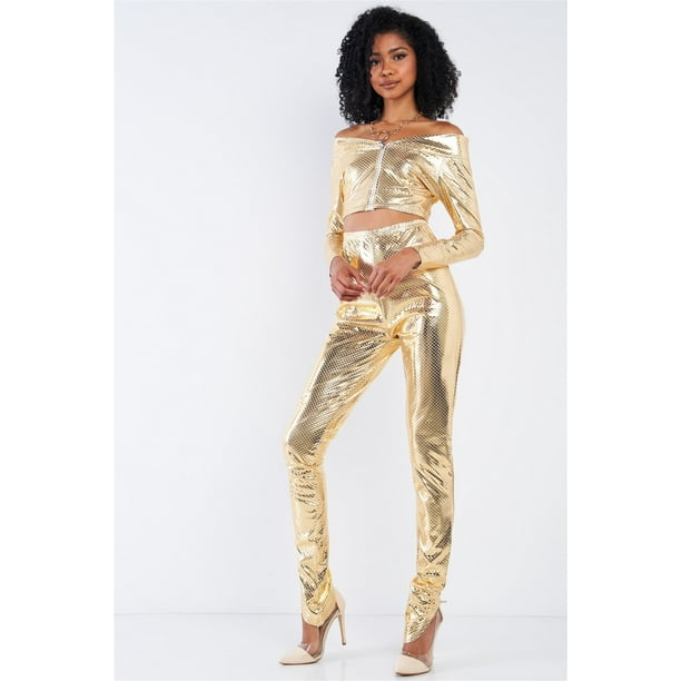 Conjunto de Top Corto de Manga Larga con Hombros Descubiertos y Leggings Ajustados de Cintura Alta con Estampado de Escamas Pequeñas Metalizadas M