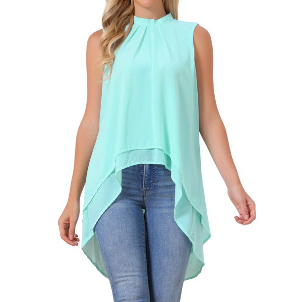 INSPIRE CHIC Blusas de Mujer de Gasa Cuello Simulado Sin Mangas con Lazo en la Espalda Dobladillo Alto Bajo Camisa de Verano Verde Menta L