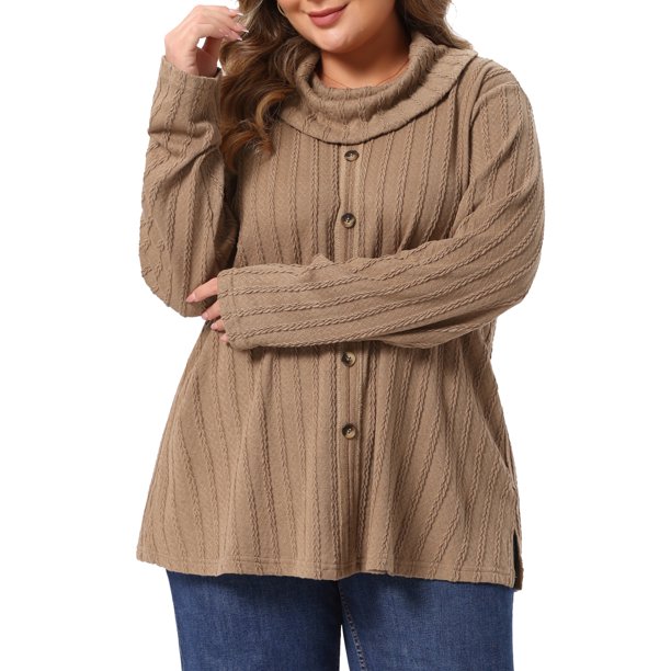 Agnes Orinda Conjuntos de Halloween Top de Punto de Cuello Alto con Botones de Manga Larga y Abertura Lateral para Mujer de Talla Grande 2X Camel