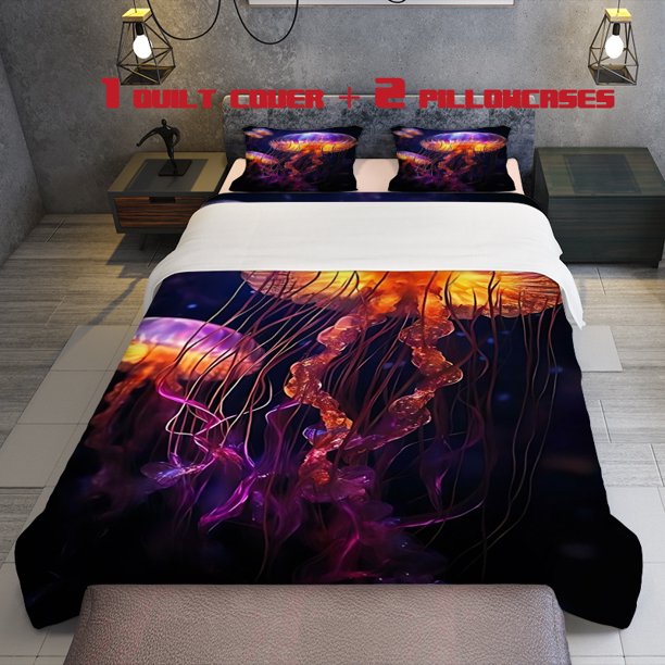 3pcs Jellyfish Theme Printed Three Piece Bedding Set Soft Quilt Cover And Two Pillowcases