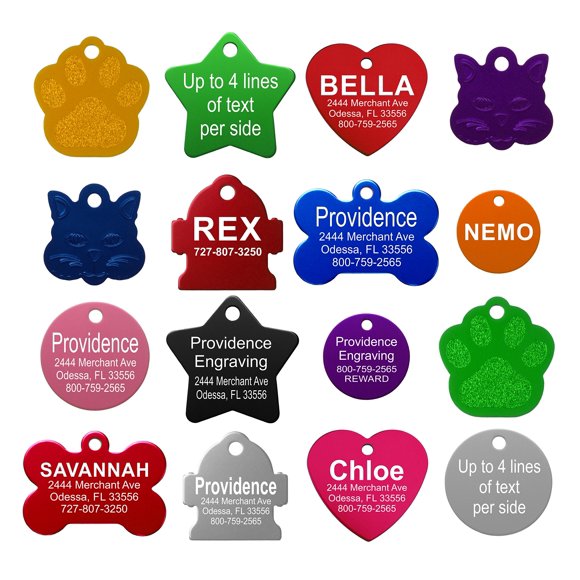 Etiquetas de identificación para mascotas Providence grabadas en aluminio anodizado para perros y gatos