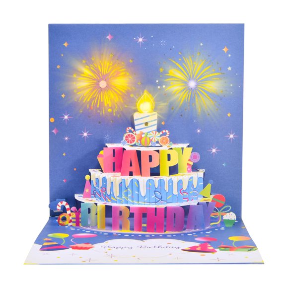 Tarjeta de cumpleaños FIAMR 3D Pop‑Up musical con luces LED