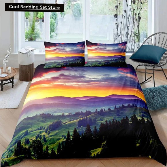 x1902 Bed SheetsSmoky Mountain Duvet Cover Set Pine Trees Comforter Cover Boys Landscape Quilt Cover Natural Scenery Art Polyester Bedding Set 3-Piece Bedding Set (1 Duvet Cover + 2 Pillow Shams) nj19