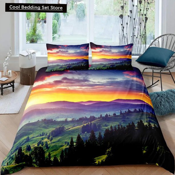 x1902 Bed SheetsSmoky Mountain Duvet Cover Set Pine Trees Comforter Cover Boys Landscape Quilt Cover Natural Scenery Art Polyester Bedding Set 3-Piece Bedding Set (1 Duvet Cover + 2 Pillow Shams) nj19