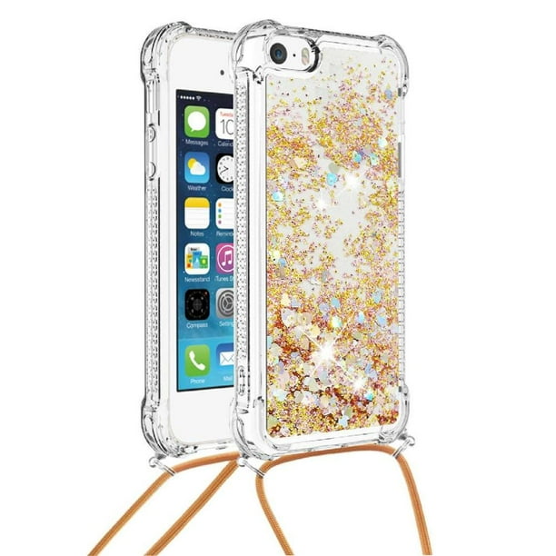 Funda FOXDOCK para iPhone SE con Cuerda Ajustable, Brillo Líquido, Protección Antigolpes y Lente – Ideal para Regalo