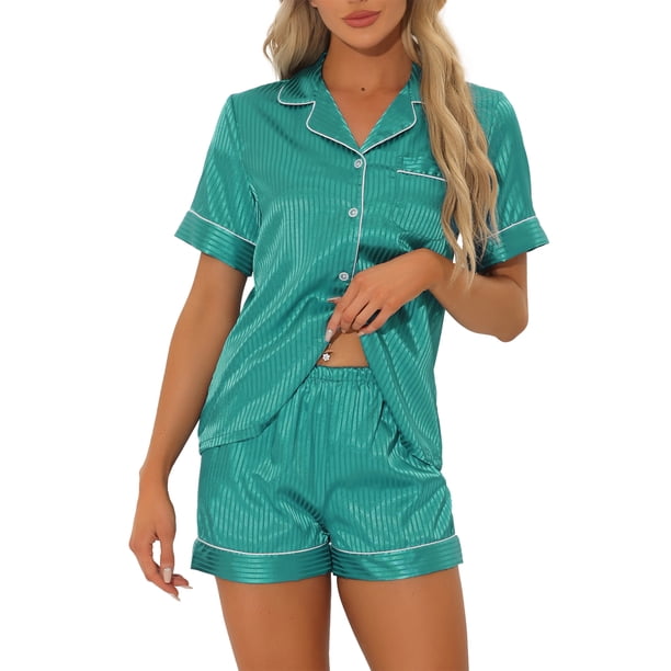 INSPIRE CHIC Conjunto de Pijama de Manga Corta para Mujer con Ribete en Contraste Regreso a Clases Suave Conjunto de Pijama con Botones y Cuello en V para Primavera Verano M Azul a Rayas