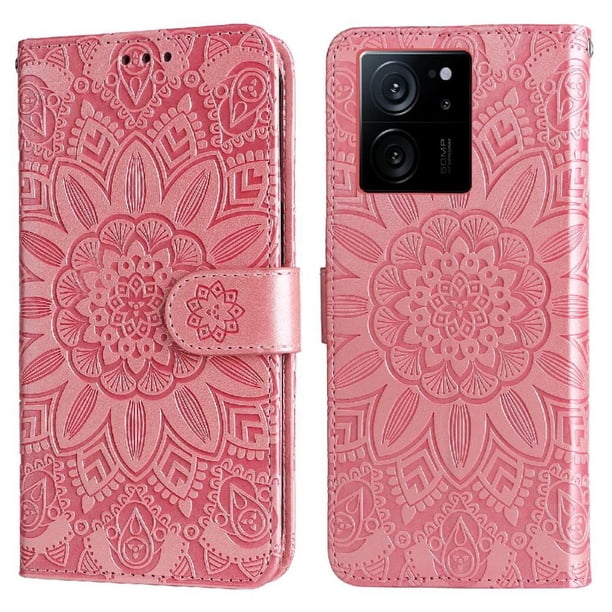 Funda tipo cartera FOXDOCK para Xiaomi 13T , diseño girasol en relieve, cuero PU, cierre magnético, soporte y tarjetero