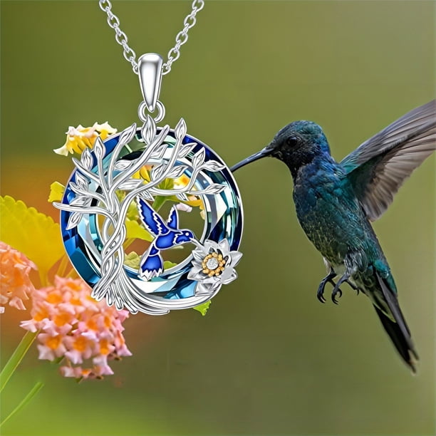 Blue Hummingbird Tree Of Life Flowers Crystal Pendant Necklace Jewelry Gifts For Women Girls