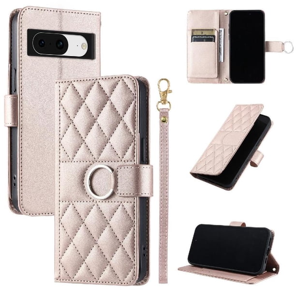 Funda Acolchada con Anilla y Correa para Google Pixel 8A Slots para Tarjetas Oro rosa