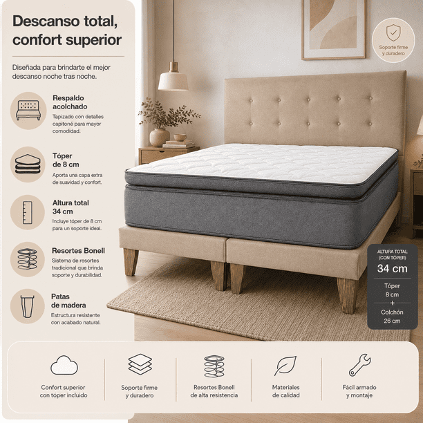 Cama 2 Plazas Base Europea + Colchón 34 cm con topper + Resortes Bonnell + Respaldo Tapizado