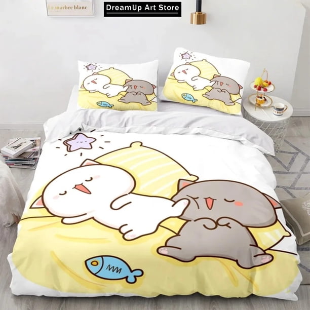 FashionLovely Peach Cat Bedding Set Boys Girls Duvet Cover Pillowcase Bed Adult Bedroom
