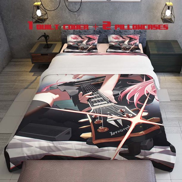 3pcs Pink Long Haired Girl Passionate Electric Guitar Theme Bedding Set Multi Color Print