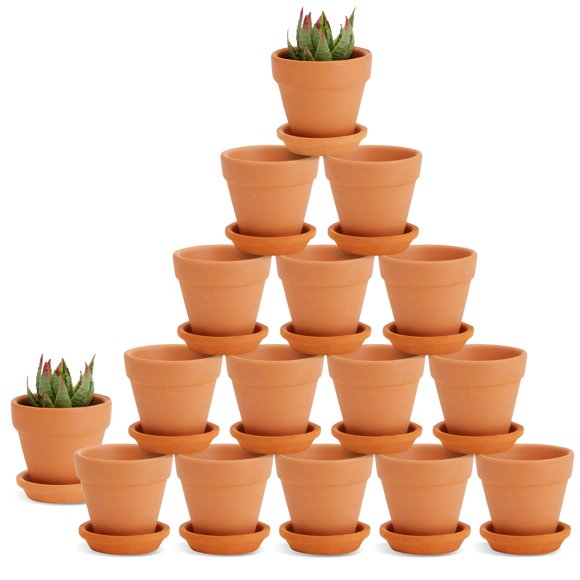 Macetas de terracota Juvale de 5 cm, paquete de 16 con platillos para suculentas