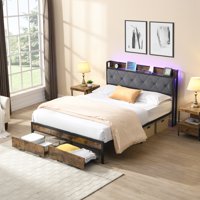 M&Ms - King Bed Frame With Storage, Bed Frame With Led Lights Upholstered Headboard And 2 Drawers, Usb & Charging Station, No Box Spring Needed, Easy Assembly, Grey King